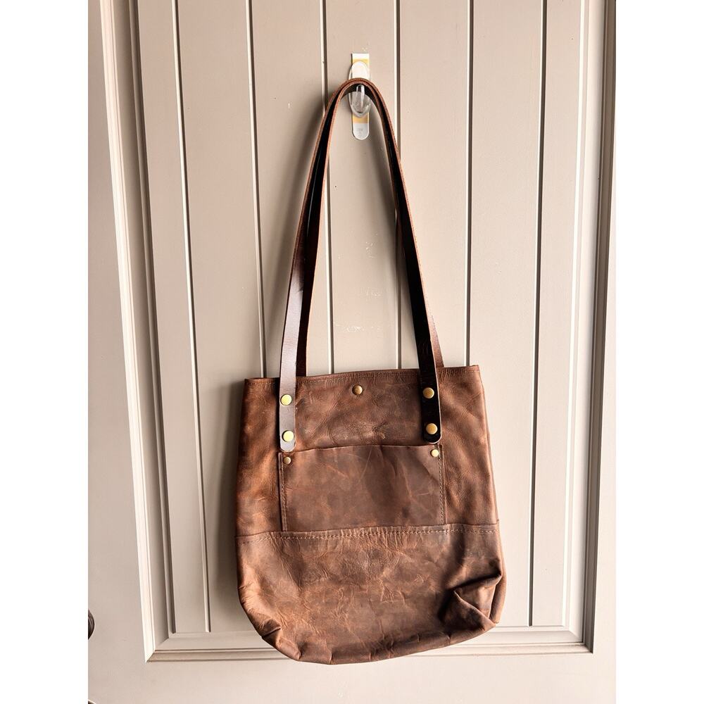 Brown Genuine All Leather Outer Pocket Double Handle Classic Travel Tote Bag